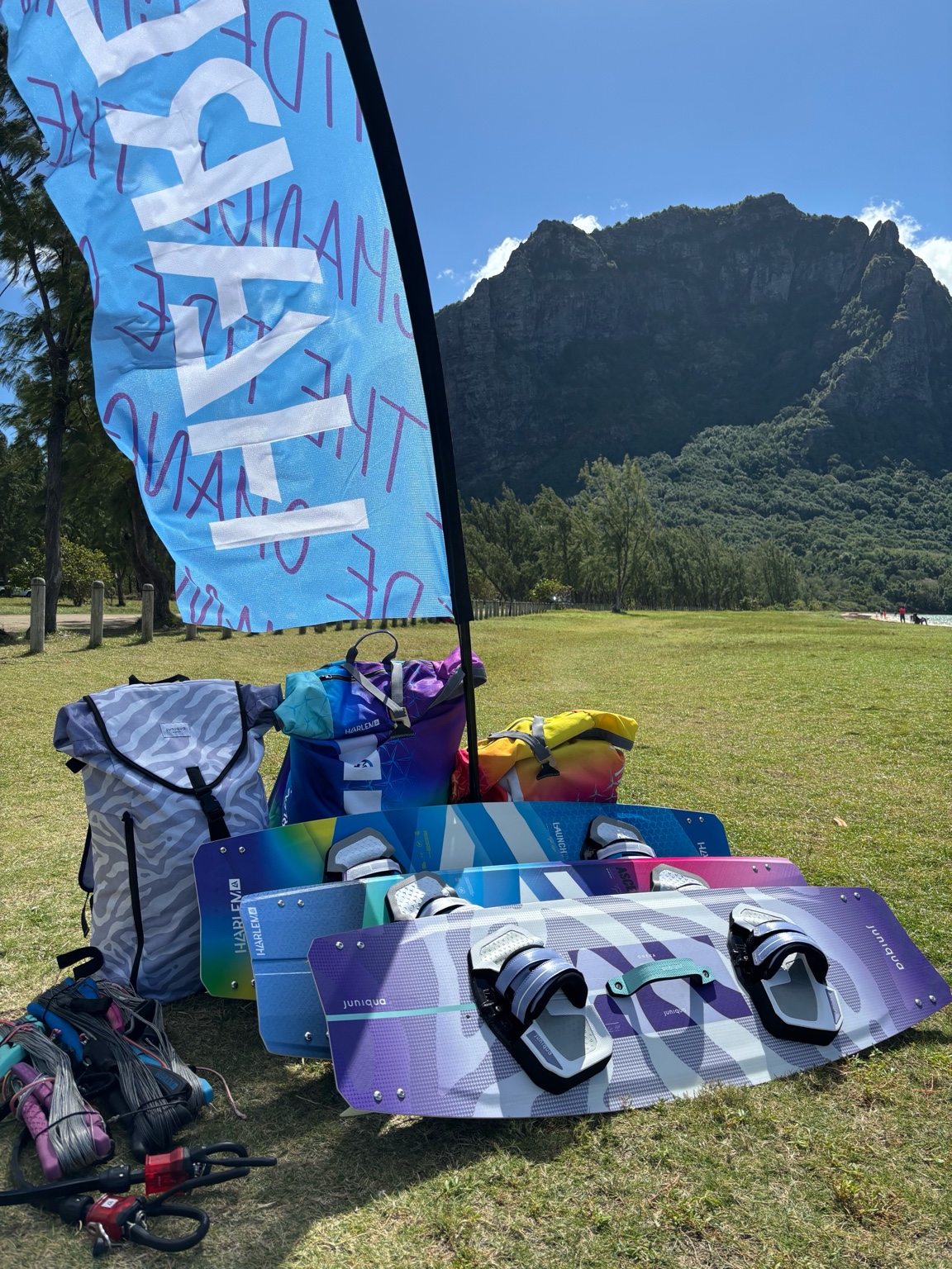 Group of kitesurfers riding at Le Morne